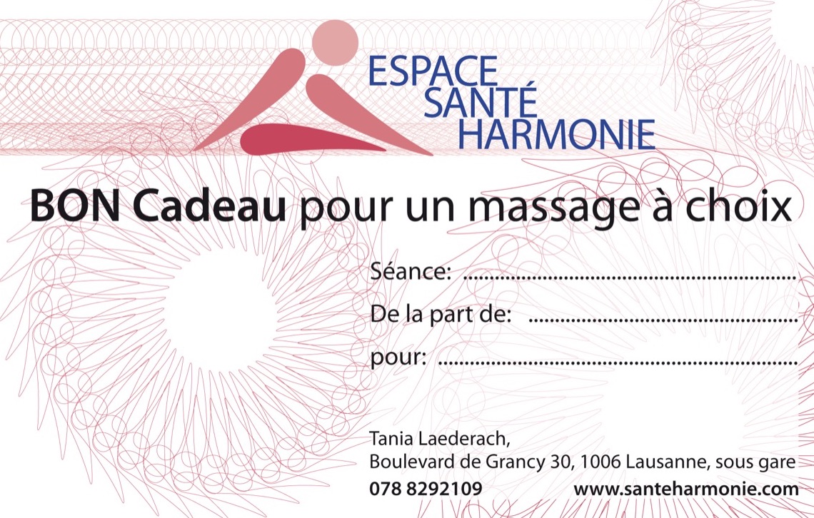 Le bon cadeau de l'Espace Santé Harmonie : « BON Cadeau pour un massage à choix », avec les lignes séance, de la part de, pour